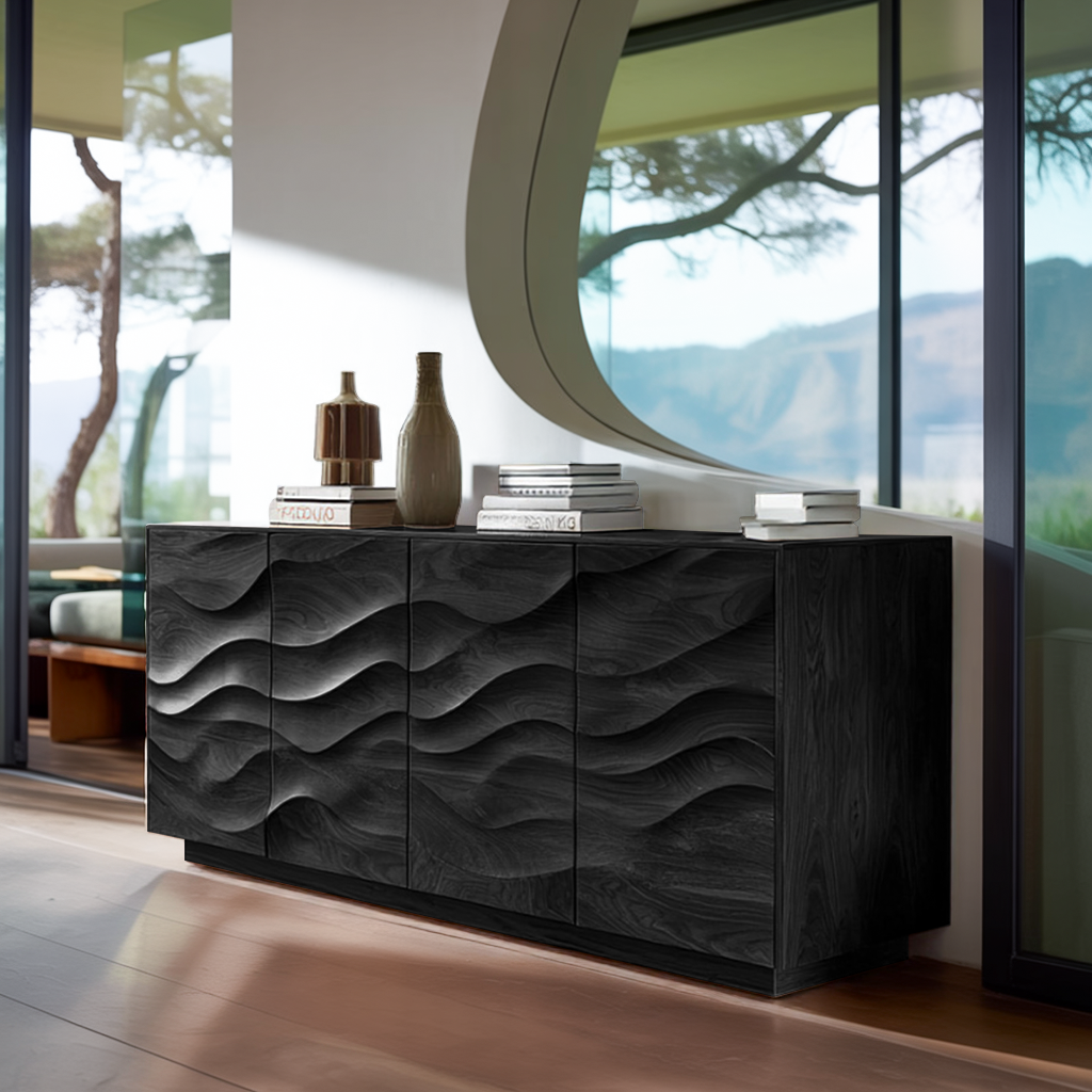 Sculptural Sideboard With Wave Carved Front For Living Room