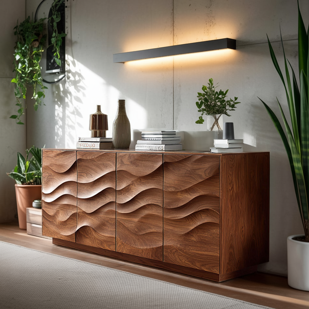 Sculptural Sideboard With Wave Carved Front For Living Room