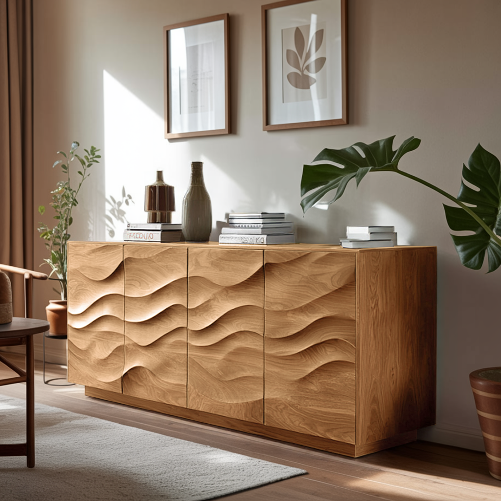 Sculptural Sideboard With Wave Carved Front For Living Room