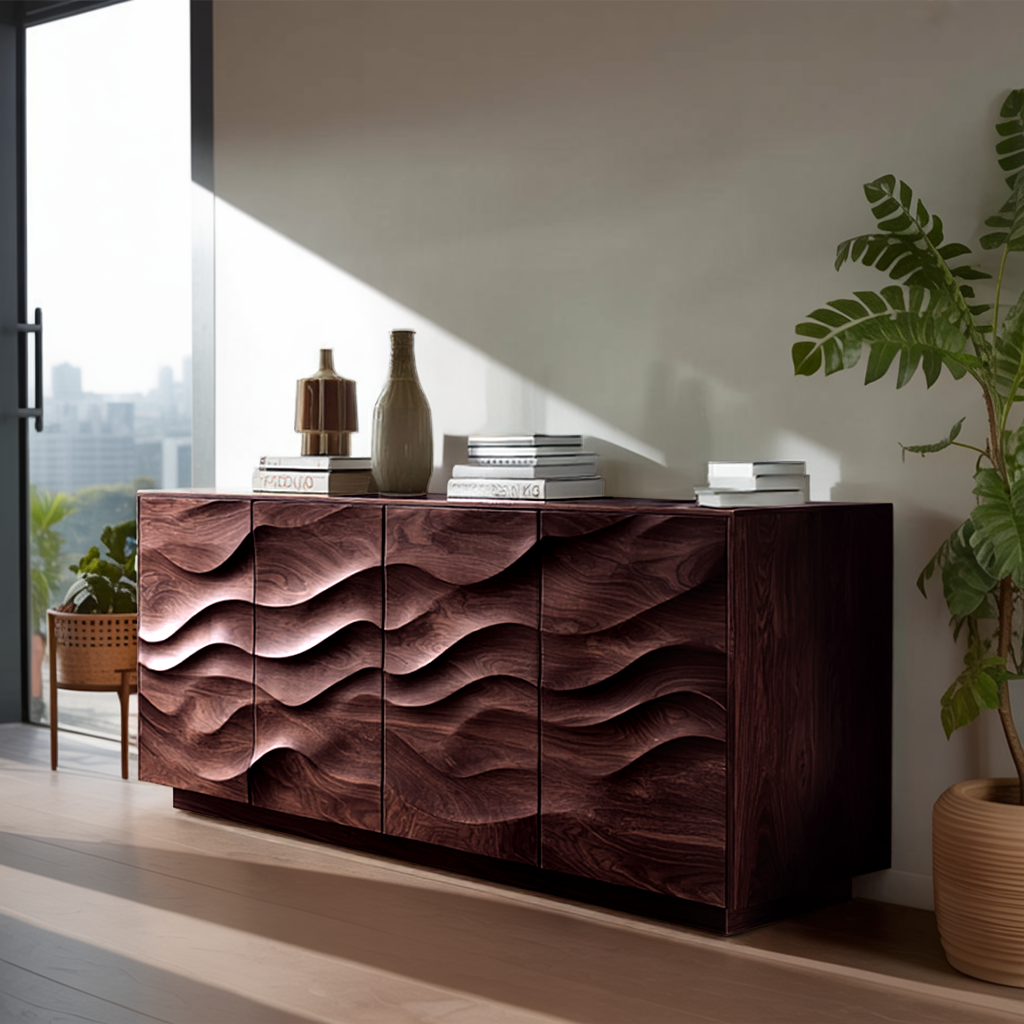 Sculptural Sideboard With Wave Carved Front For Living Room