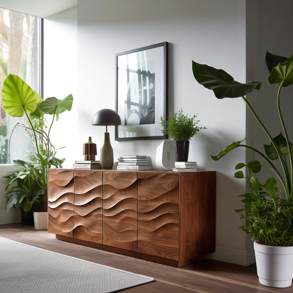 Sculptural Sideboard With Wave Carved Front For Living Room