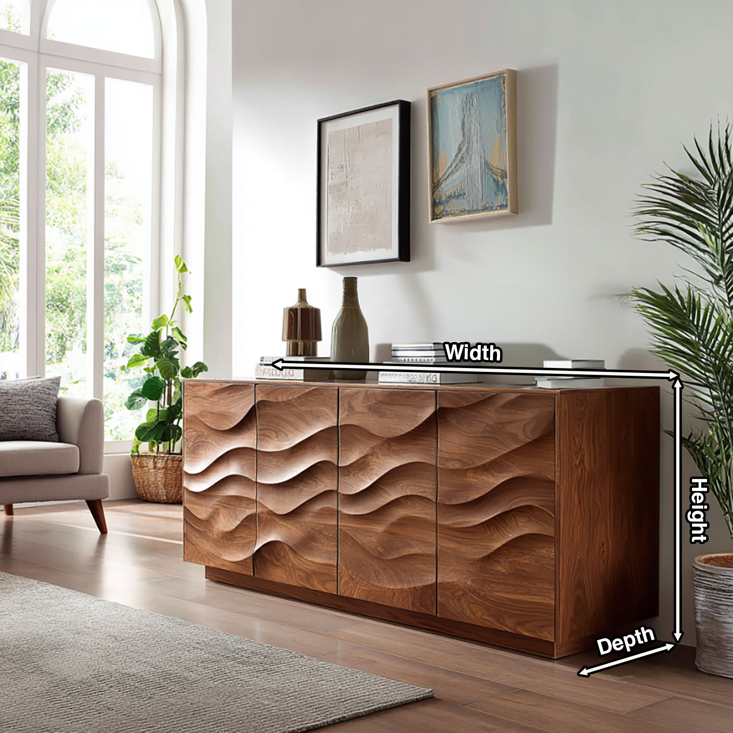 Sculptural Sideboard With Wave Carved Front For Living Room