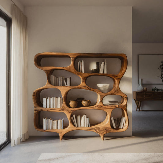 Artistic Bookshelf With Curved Design For Living Room Interior