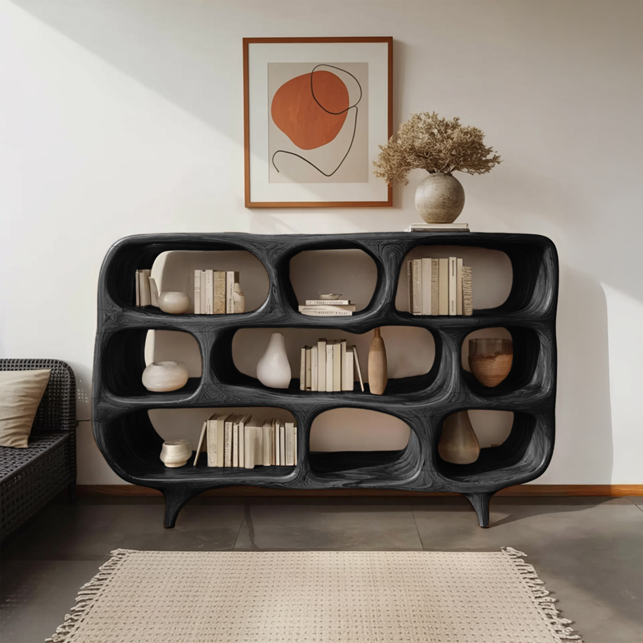 Sculptural Bookshelf With Openwork Design For Living Room