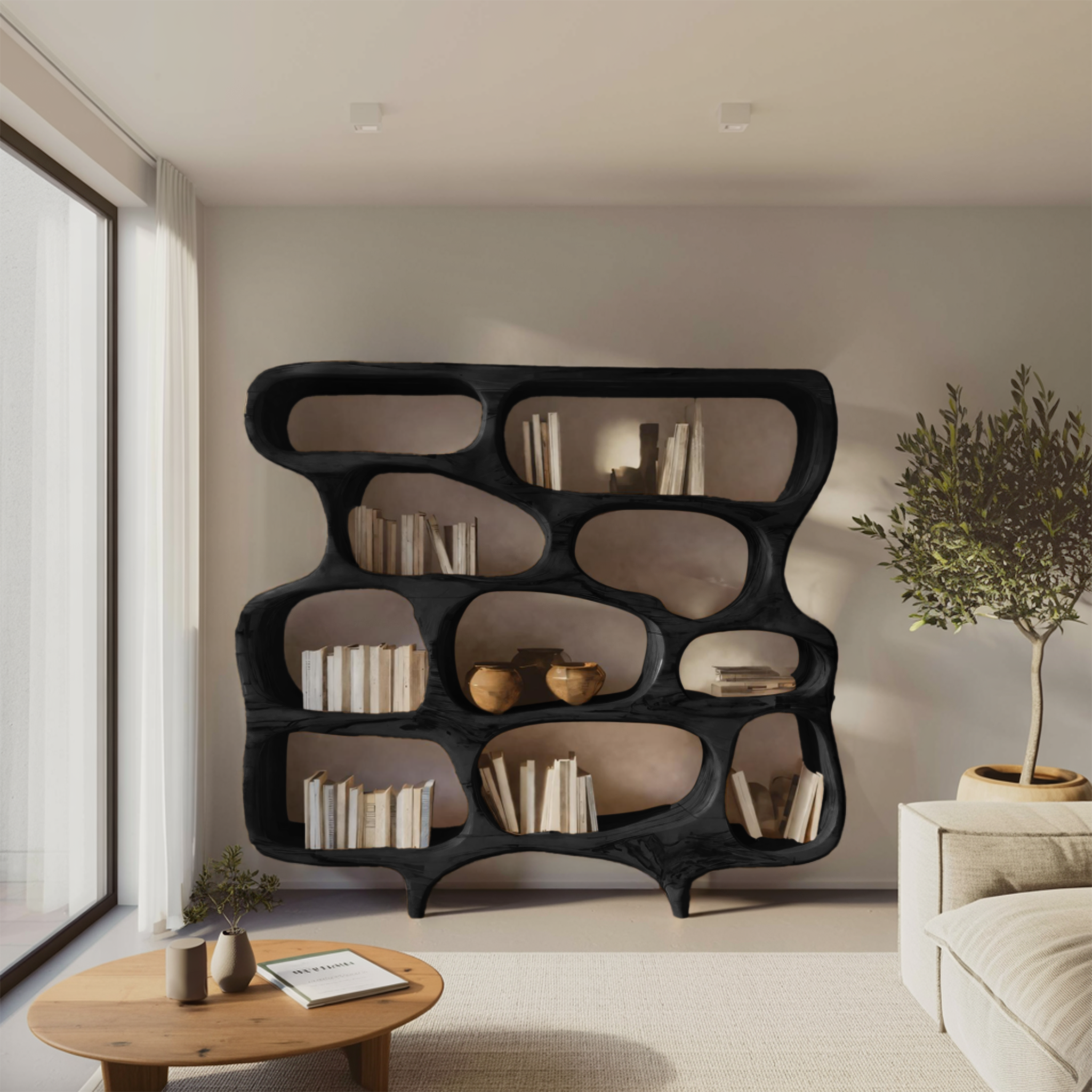 Artistic Bookshelf With Curved Design For Living Room Interior