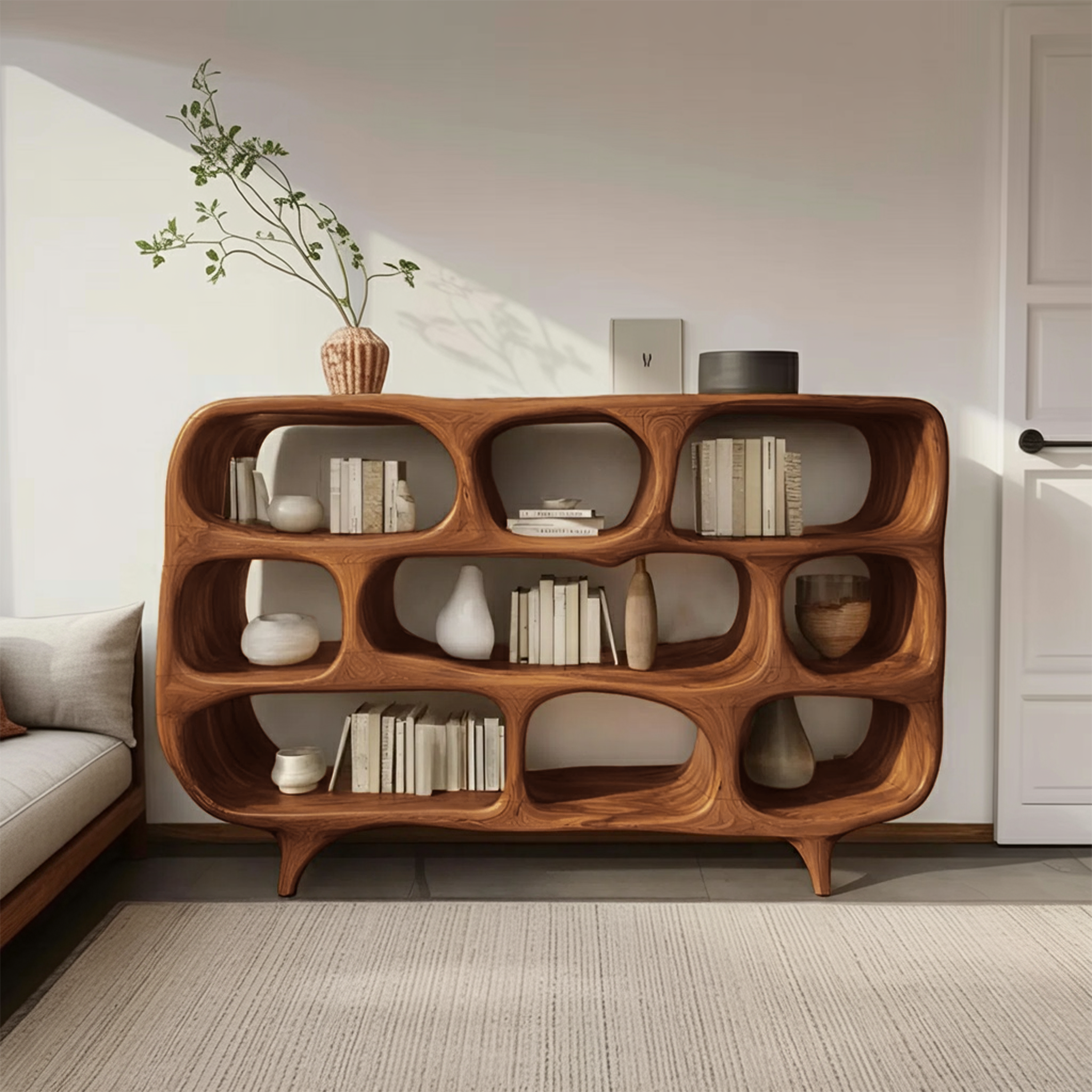 Sculptural Bookshelf With Openwork Design For Living Room