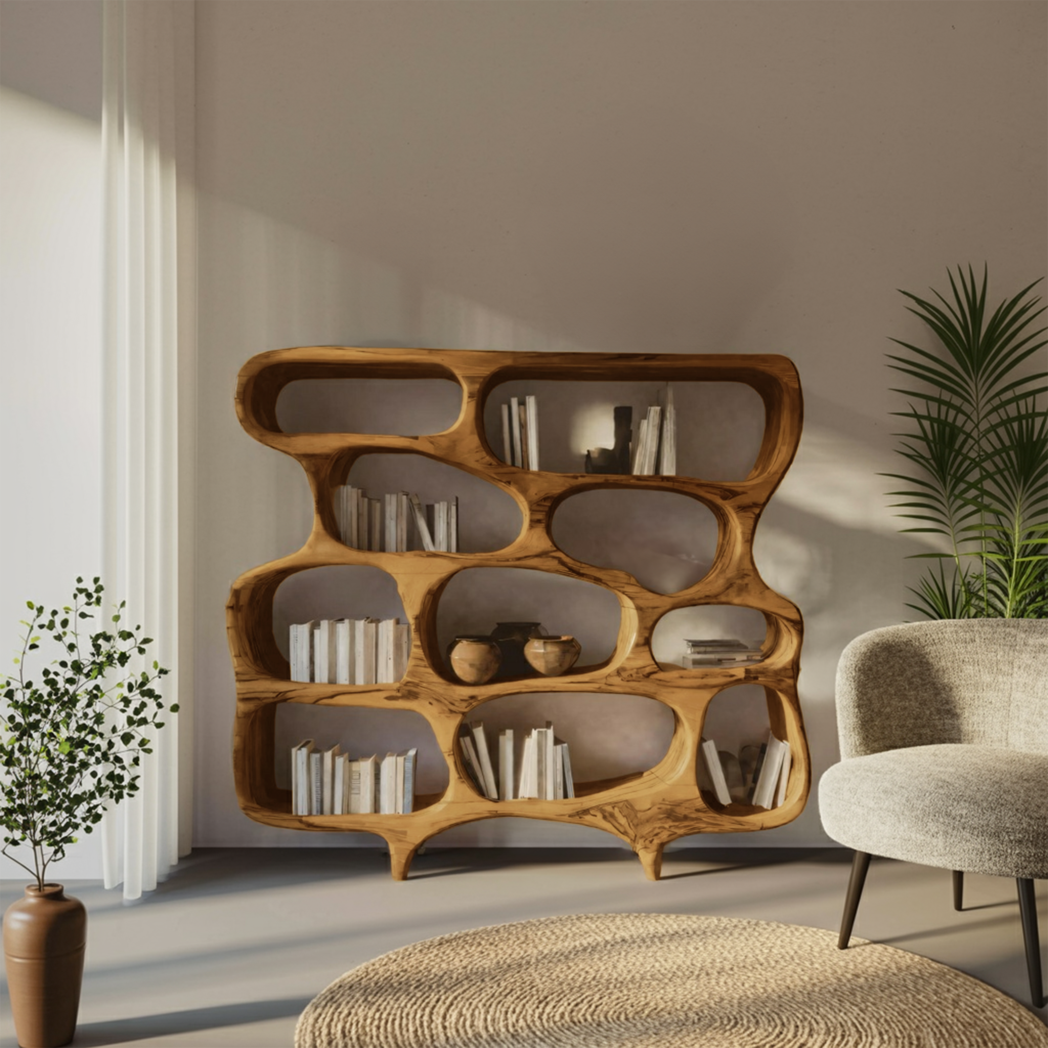 Artistic Bookshelf With Curved Design For Living Room Interior