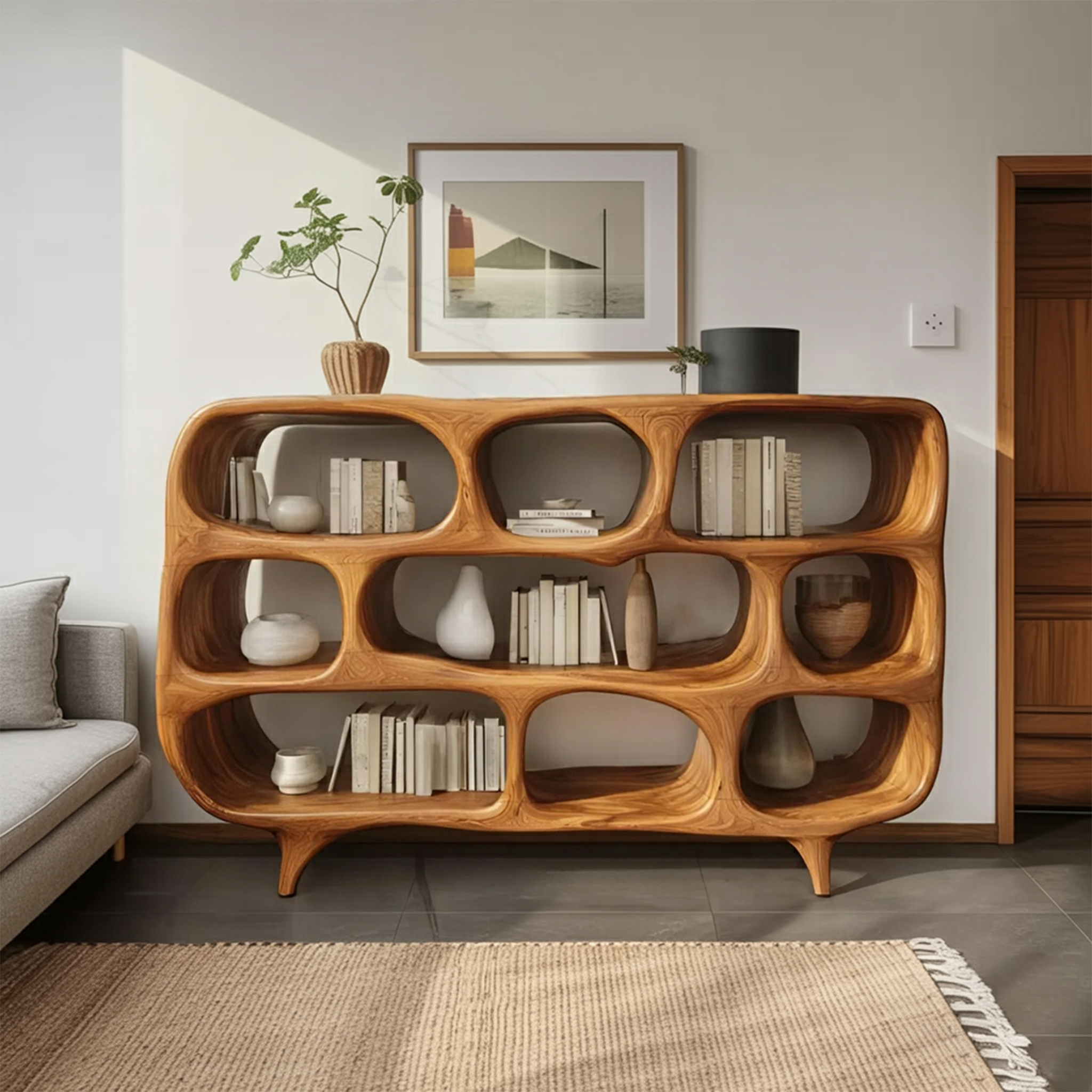Sculptural Bookshelf With Openwork Design For Living Room