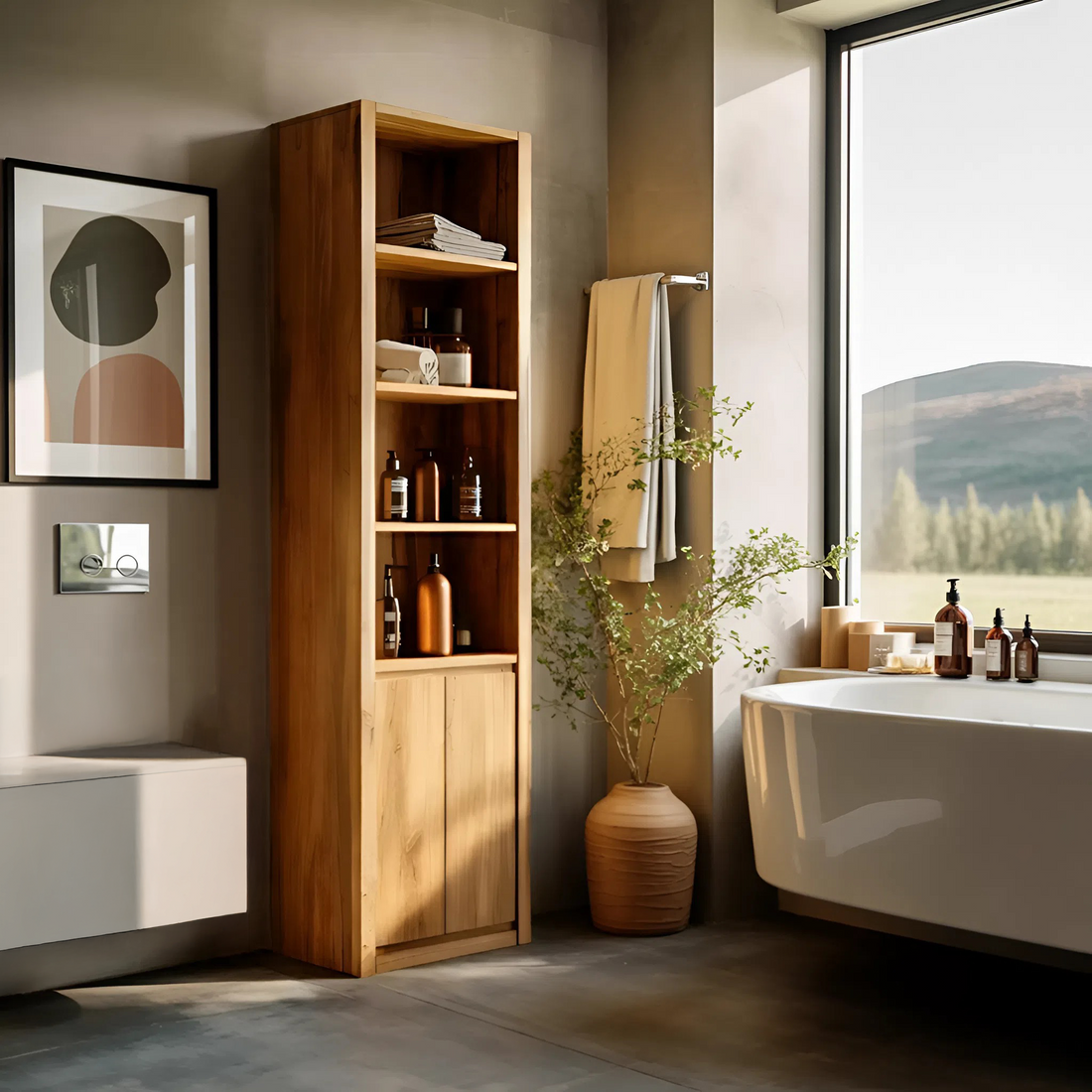 Minimalist Cabinet With Open Shelves For Bathroom