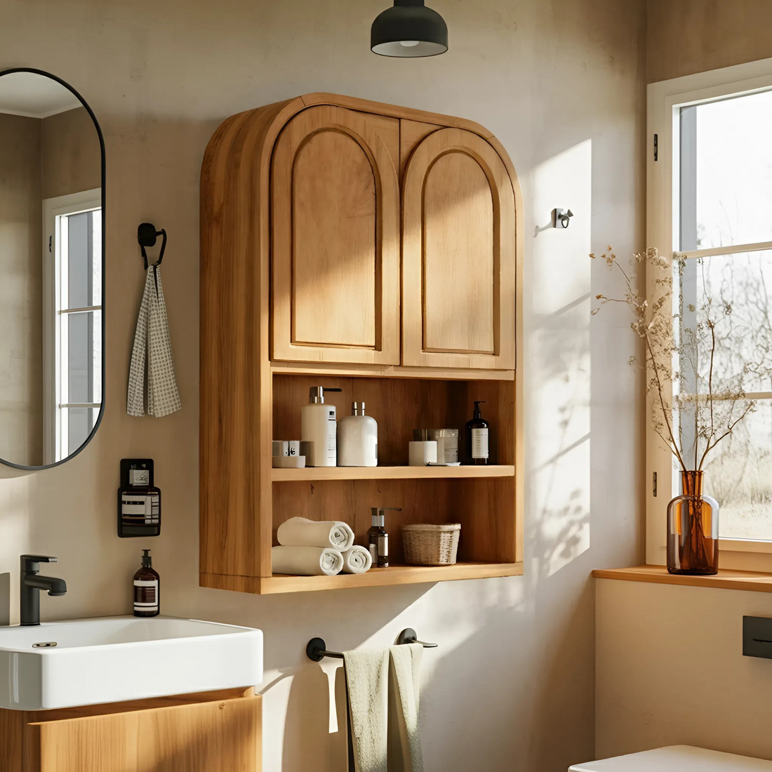Double Arched Wall Cabinet With Open Shelves For Bathroom