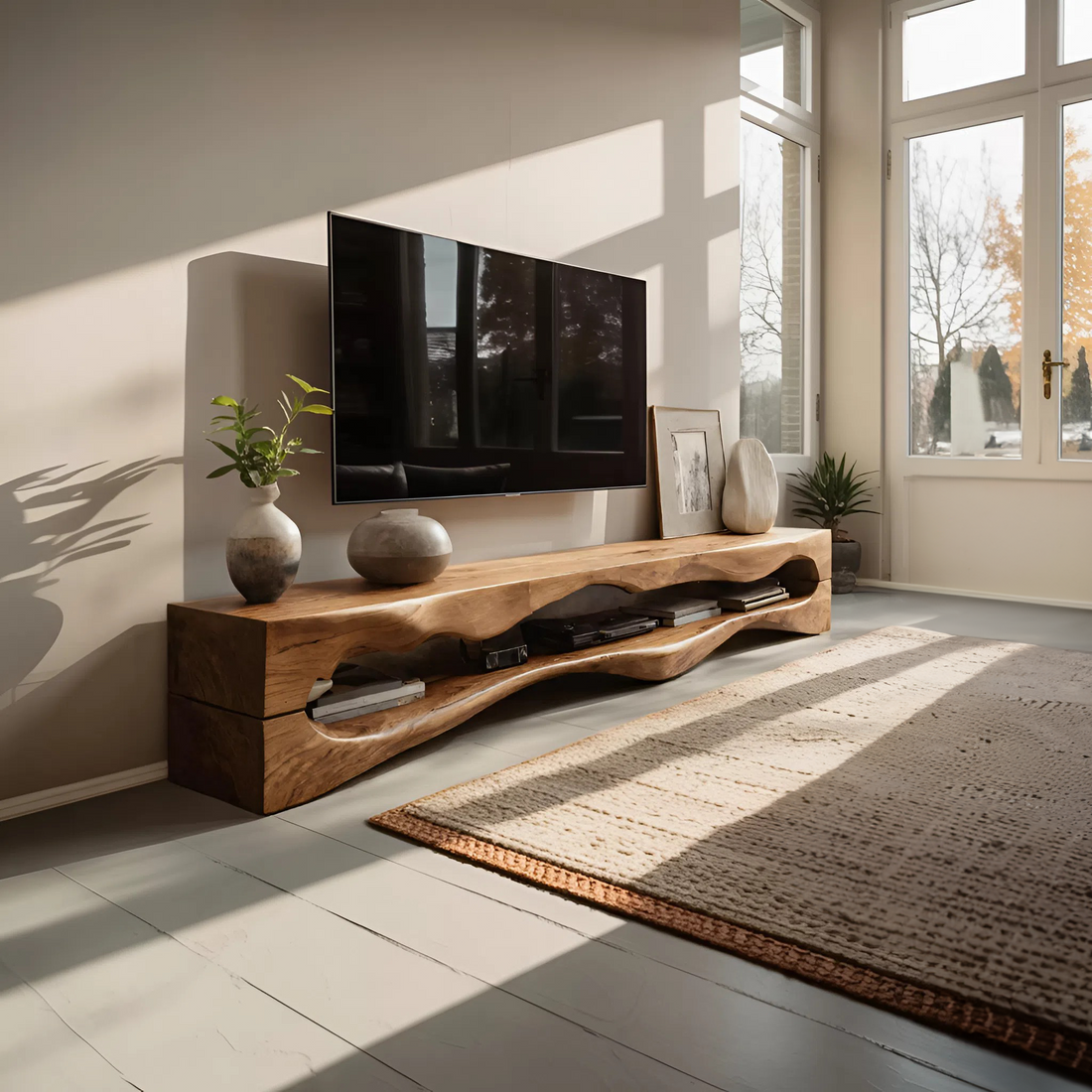 Contemporary Sculptural TV Stand Wavy Carved For Living Room