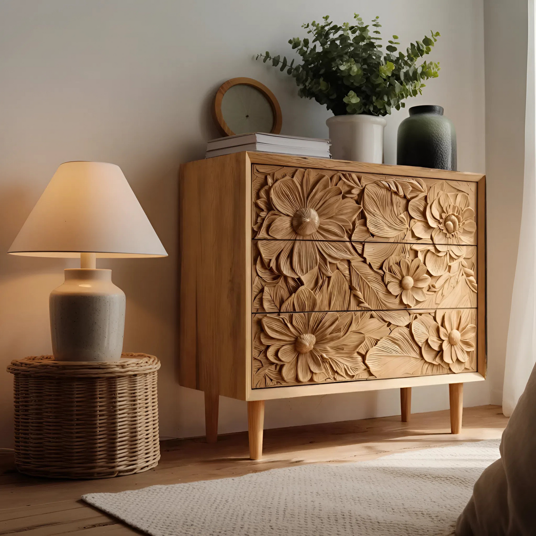 Handcrafted Dresser With Floral Carving For Bedroom Or Living Room