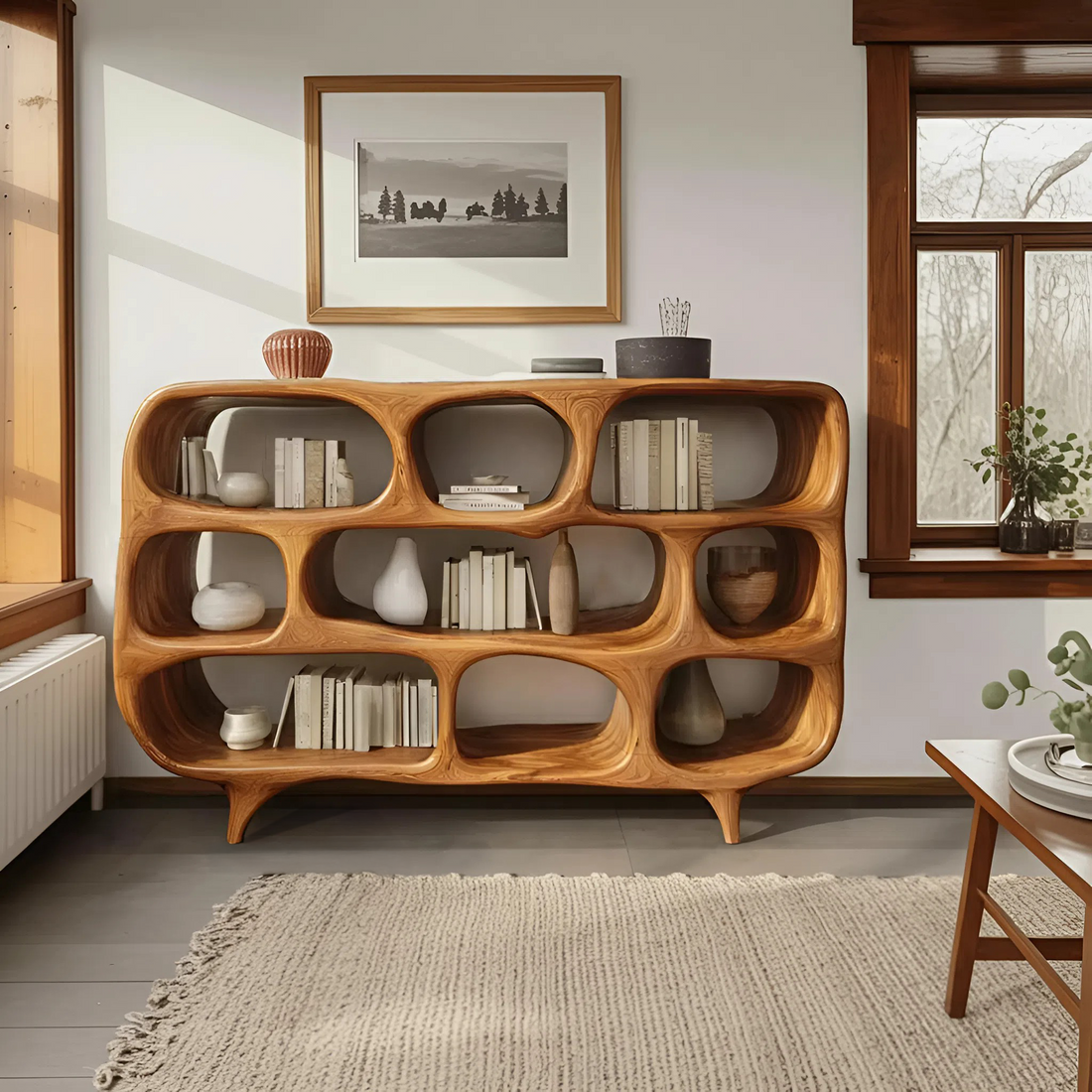 Sculptural Bookshelf With Openwork Design For Living Room