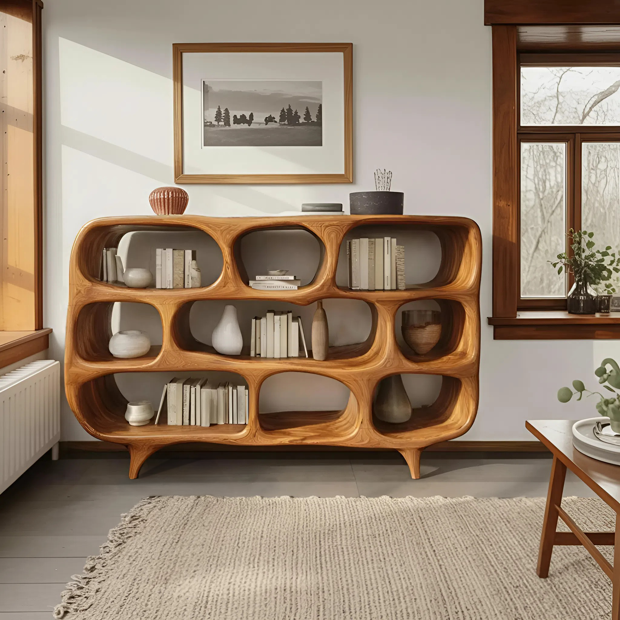 Sculptural Bookshelf With Openwork Design For Living Room