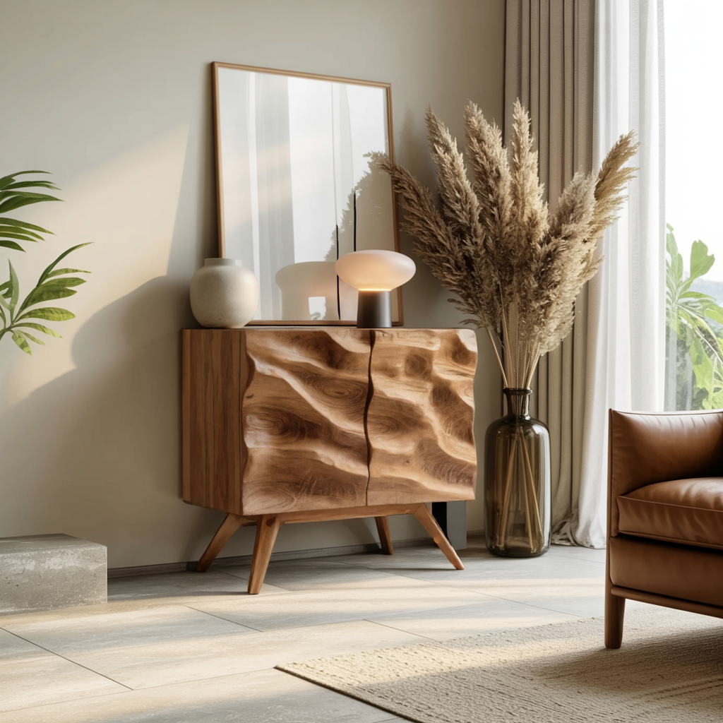 Hand Carved Wave Cabinet For Living Room Or Entryway