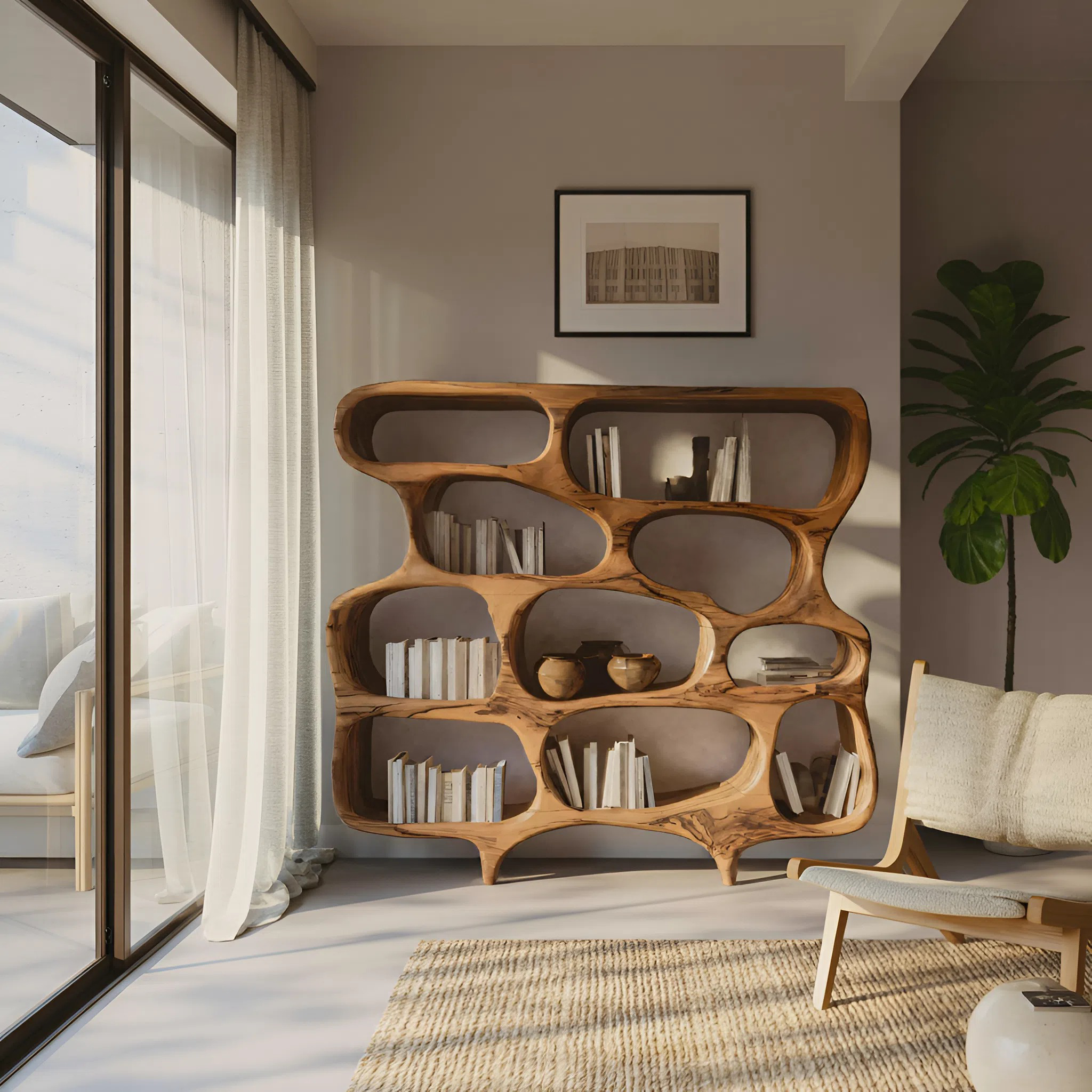 Artistic Bookshelf With Curved Design For Living Room Interior
