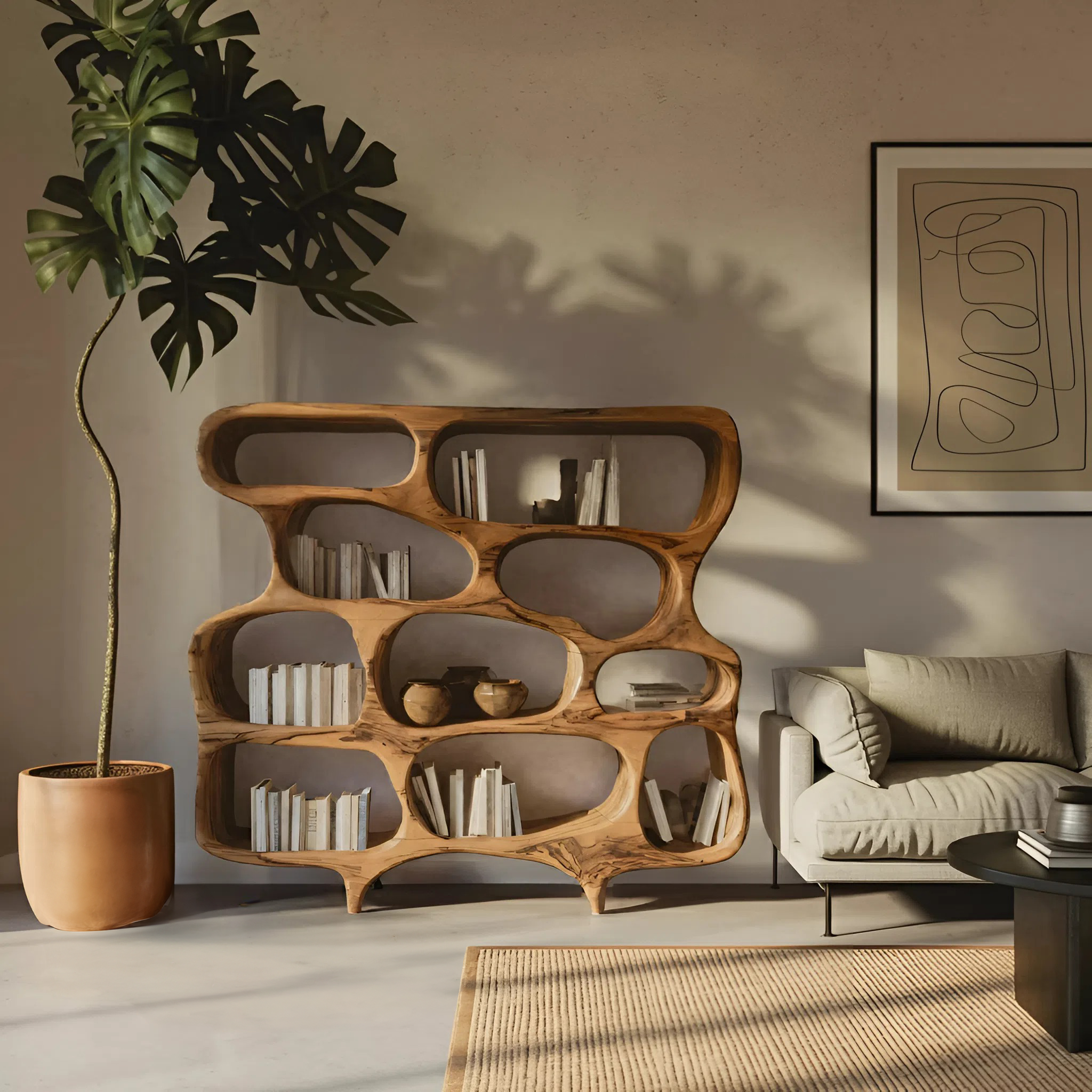 Artistic Bookshelf With Curved Design For Living Room Interior