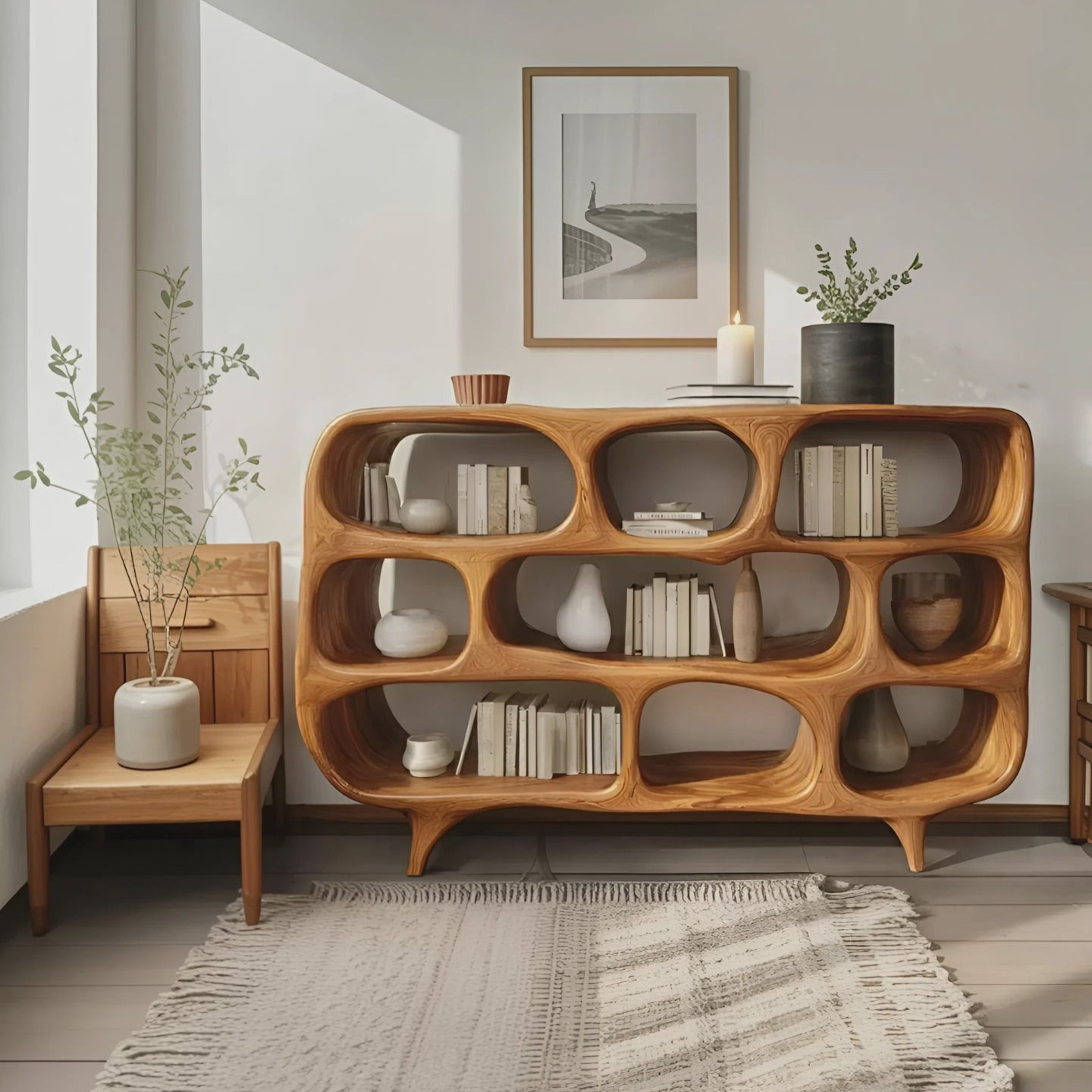 Sculptural Bookshelf With Openwork Design For Living Room