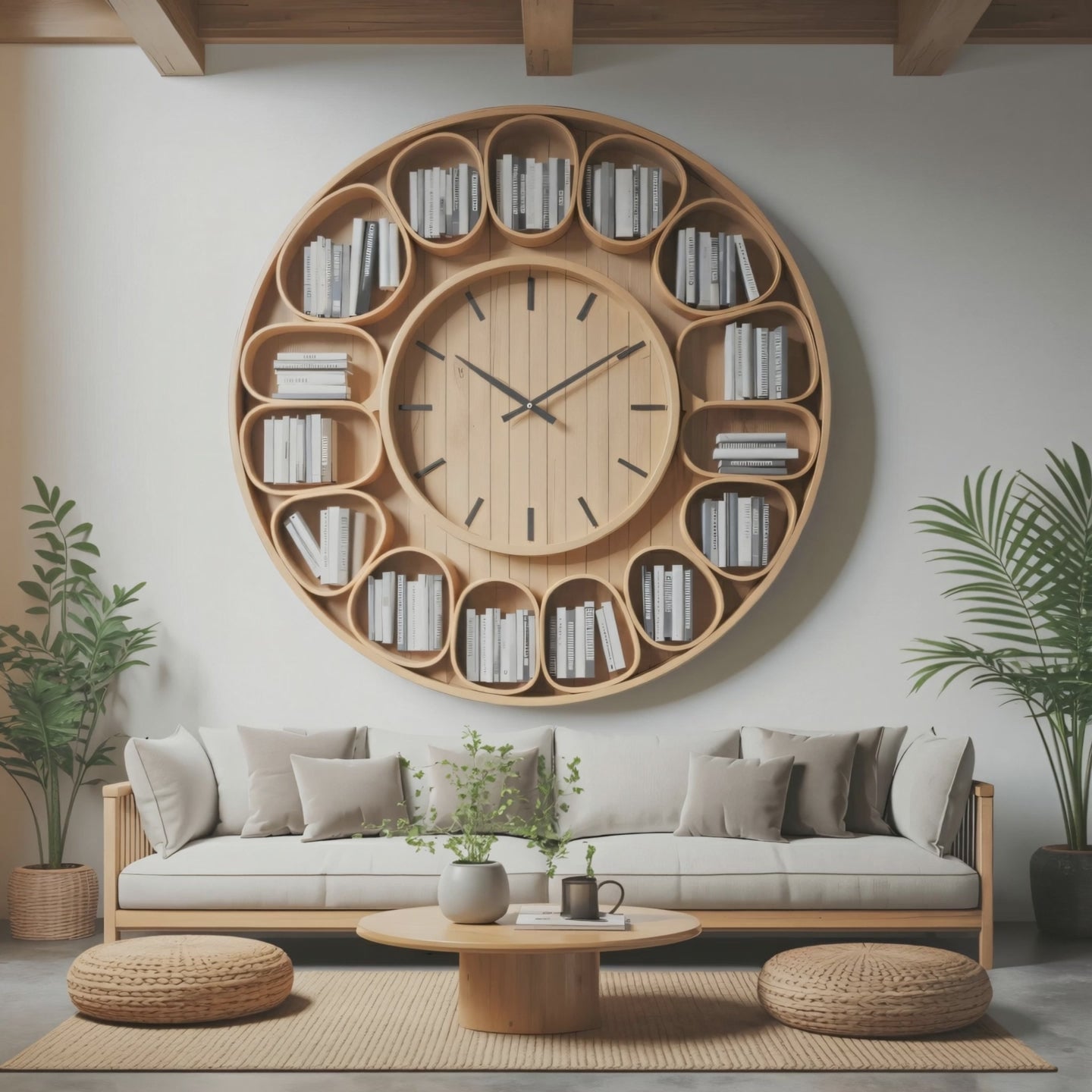 Contemporary Round Wall Bookshelf With Clock For Living Room And Home Office