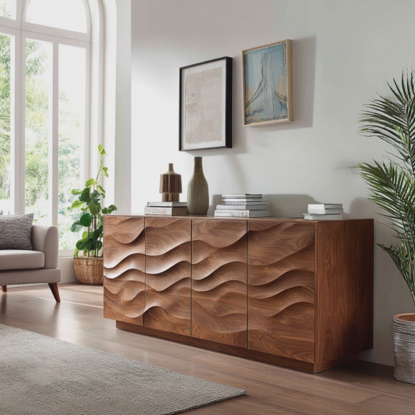 Sculptural Sideboard With Wave Carved Front For Living Room