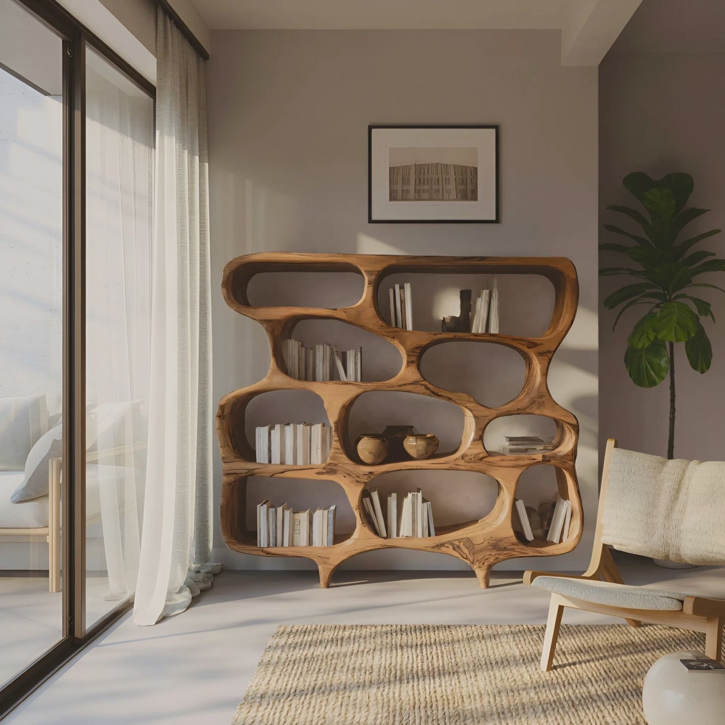 Artistic Bookshelf With Curved Design For Living Room Interior