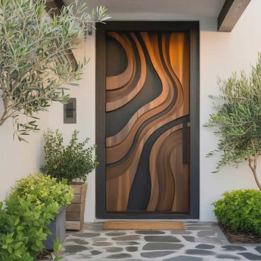 Artistic Front Door With Layered Wave Design For Entryway