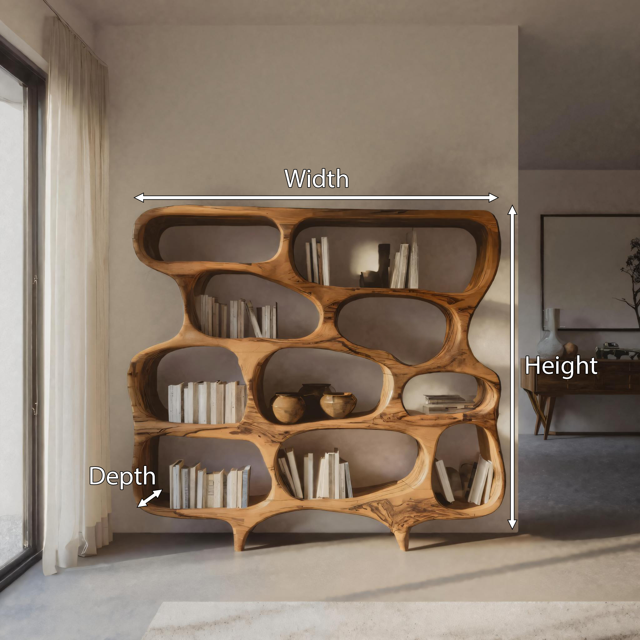 Artistic Bookshelf With Curved Design For Living Room Interior