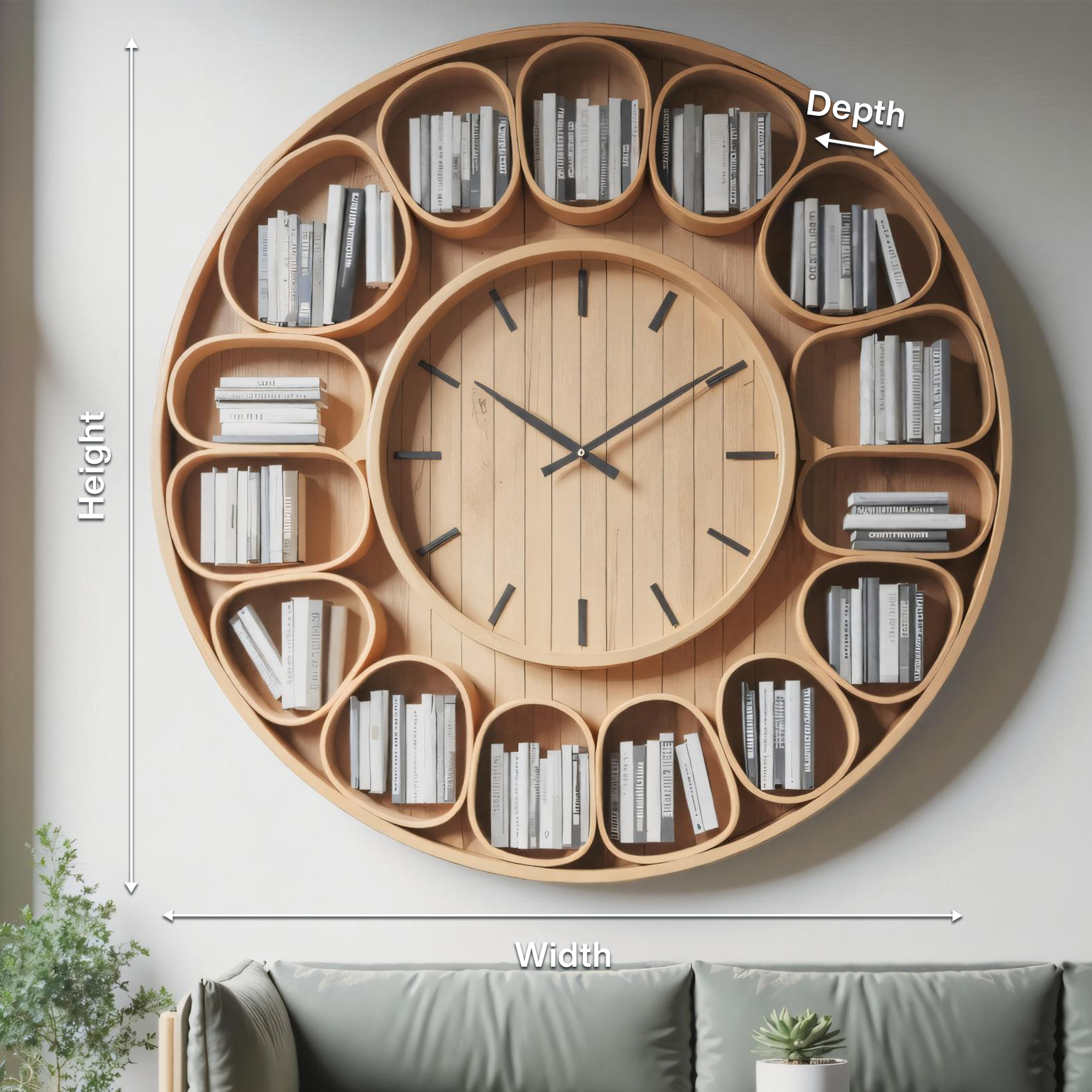 Contemporary Round Wall Bookshelf With Clock For Living Room And Home Office