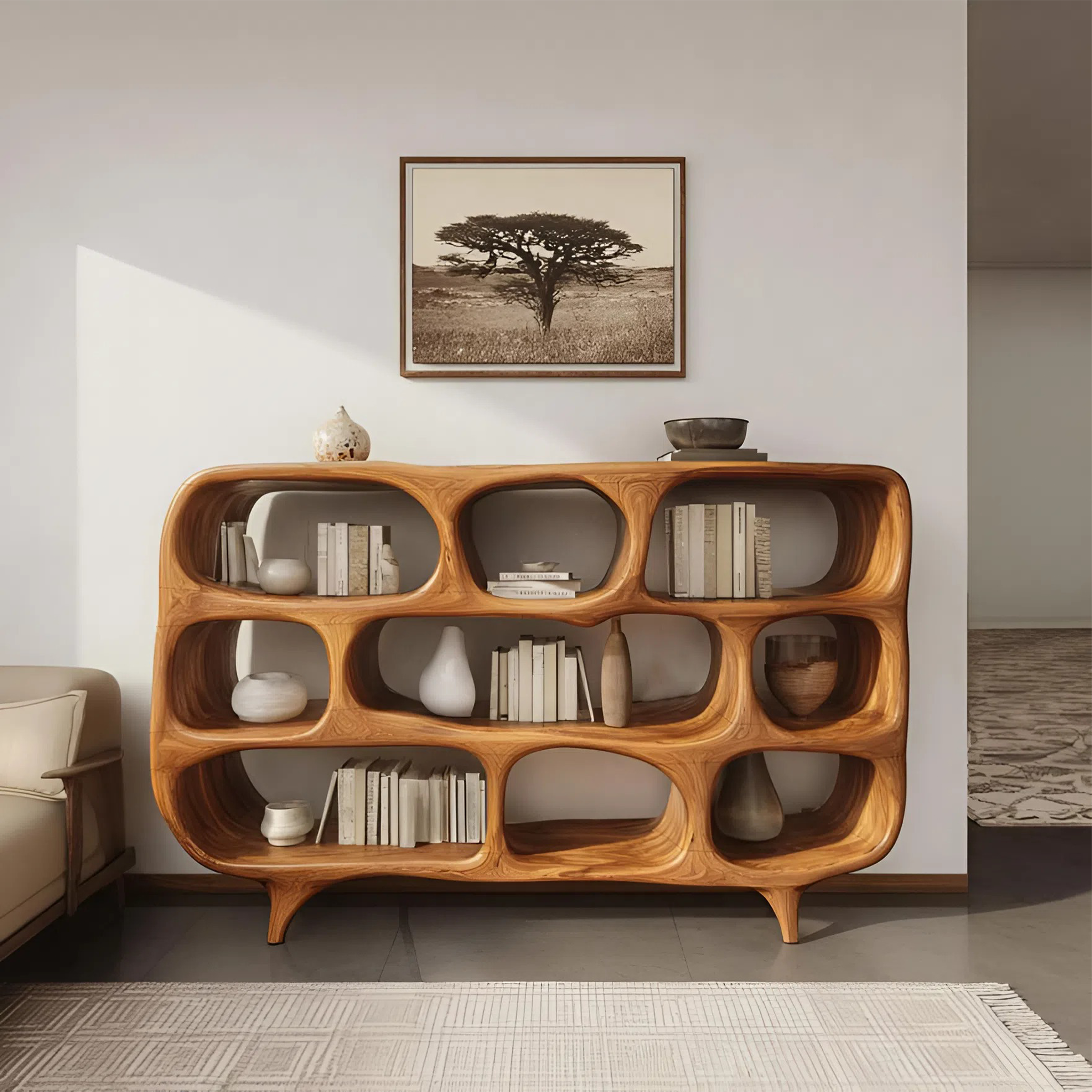 Sculptural Bookshelf With Openwork Design For Living Room