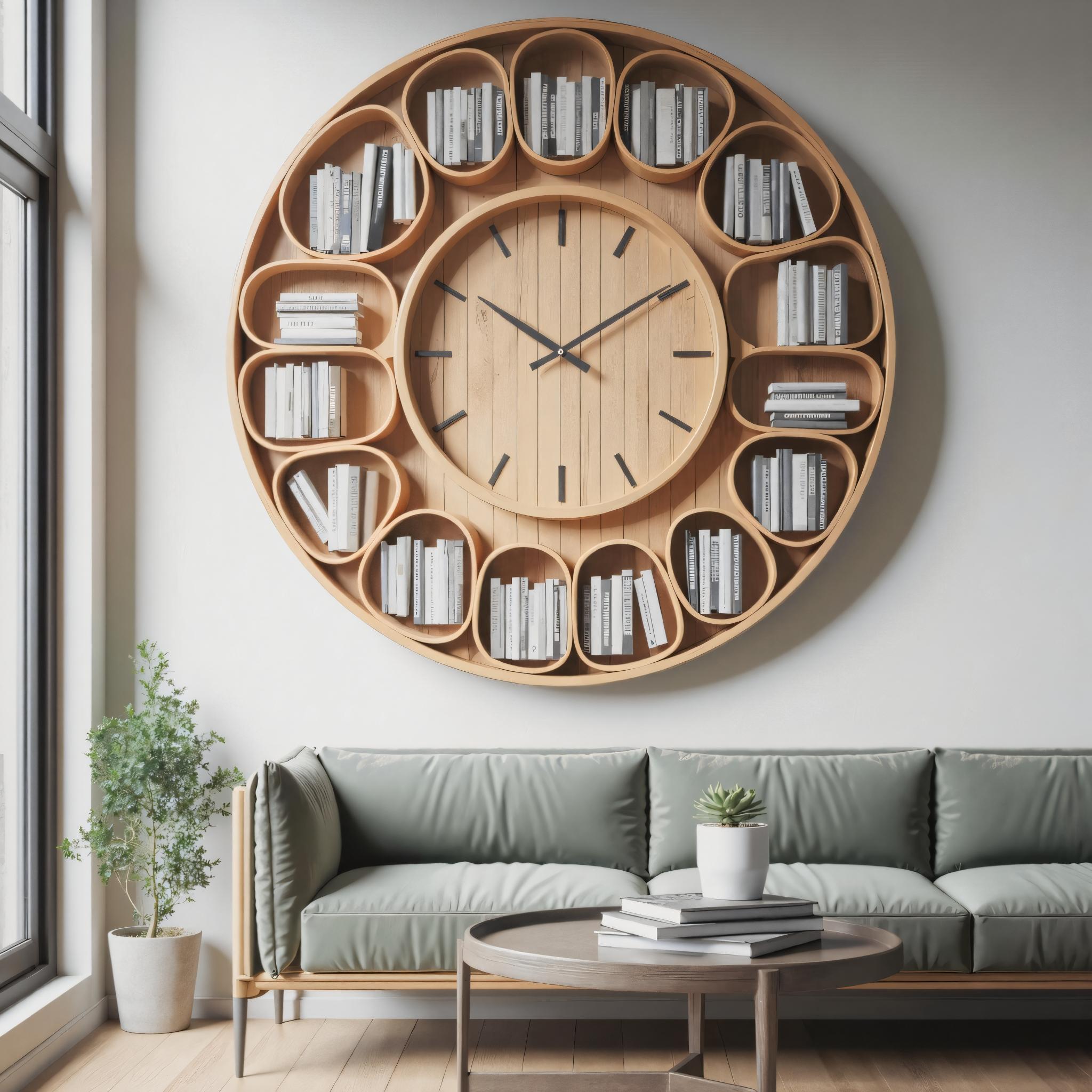 Contemporary Round Wall Bookshelf With Clock For Living Room And Home Office