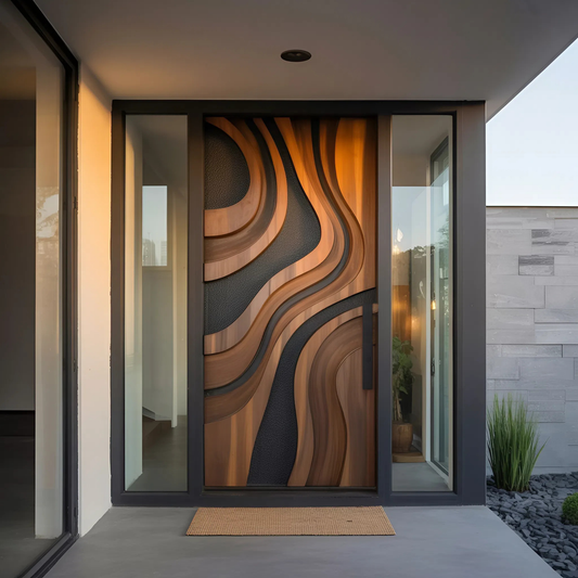 Artistic Front Door With Layered Wave Design For Entryway