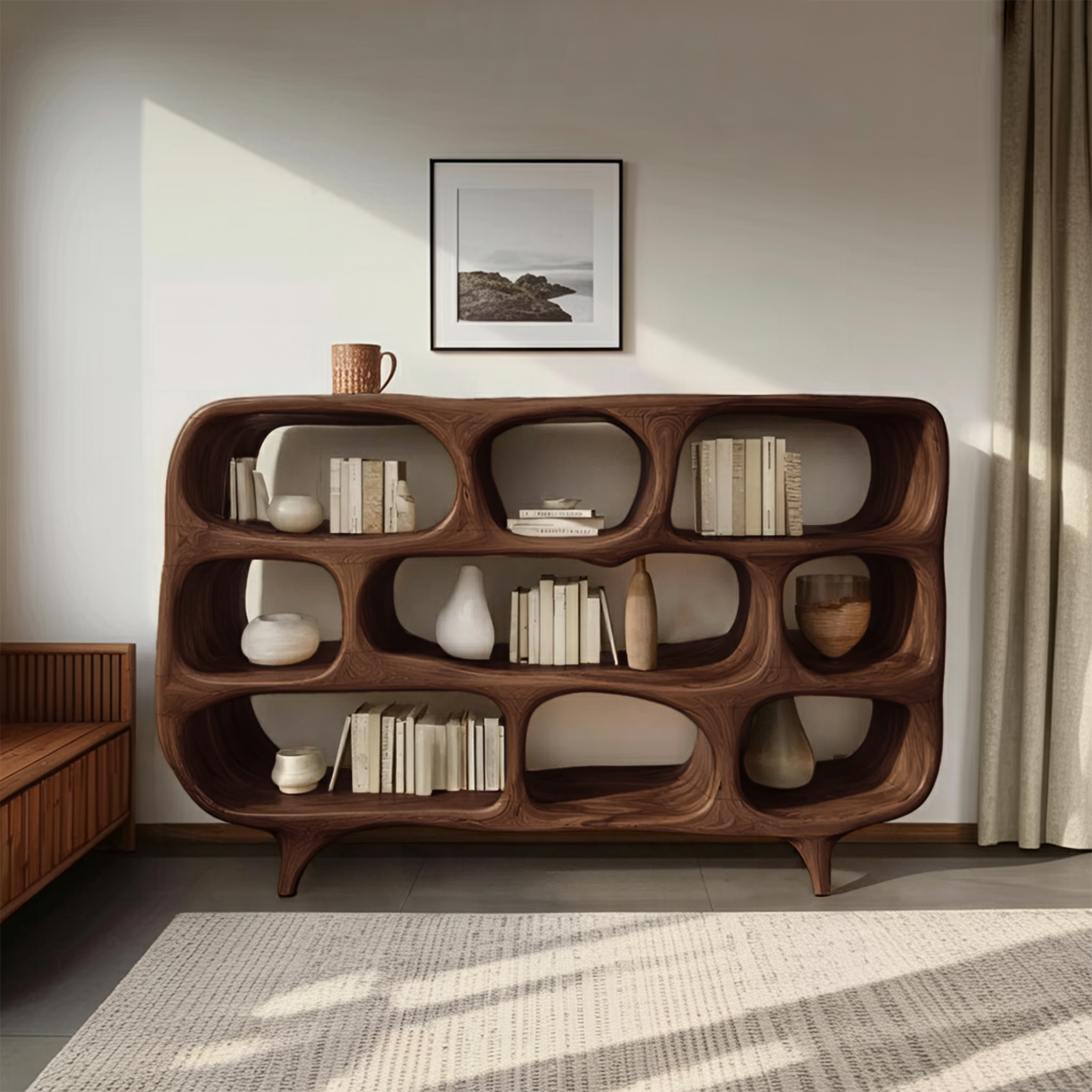 Sculptural Bookshelf With Openwork Design For Living Room
